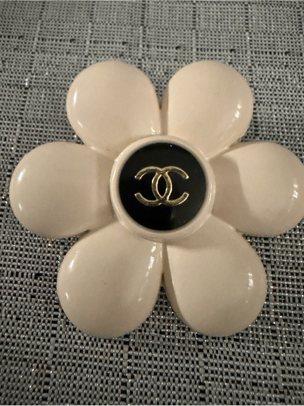 Chanel Flower Brooch in Cream with Black & Gold Logo